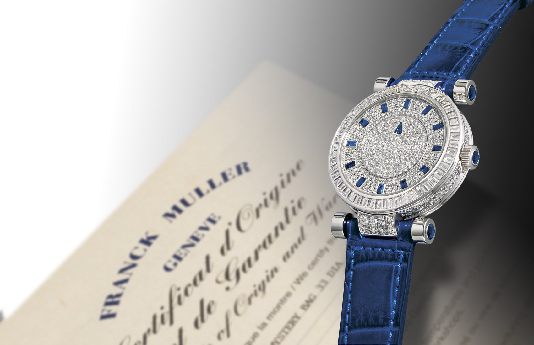 FRANCK MULLER, "MASTER MYSTERY"

EXTREMELY FINE AND UNUSUAL, 18K WHITE GOLD, DIAMOND AND SAPPHIRE-SET MANUAL-WINDING WRISTWATCH