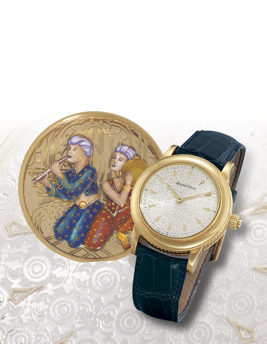 JAQUET-DROZ, "MUSICIAN"

FINE AND UNUSUAL, 18K GOLD MANUAL-WINDING MUSICAL WRISTWATCH WITH LIBERTINE AUTOMATA