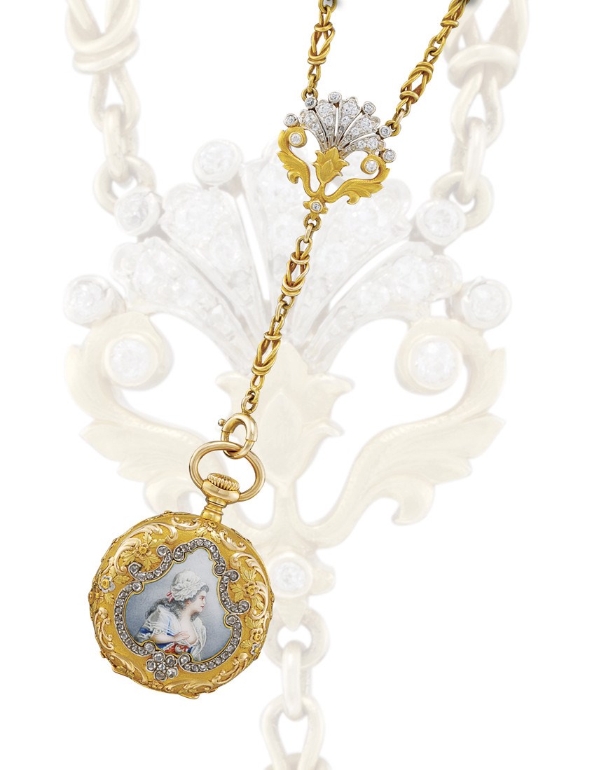PATEK PHILIPPE

18K THREE COLOUR GOLD AND ENAMEL OPENFACE KEYLESS LEVER PENDANT WATCH WITH ENAMEL DIAL AND CHAIN
