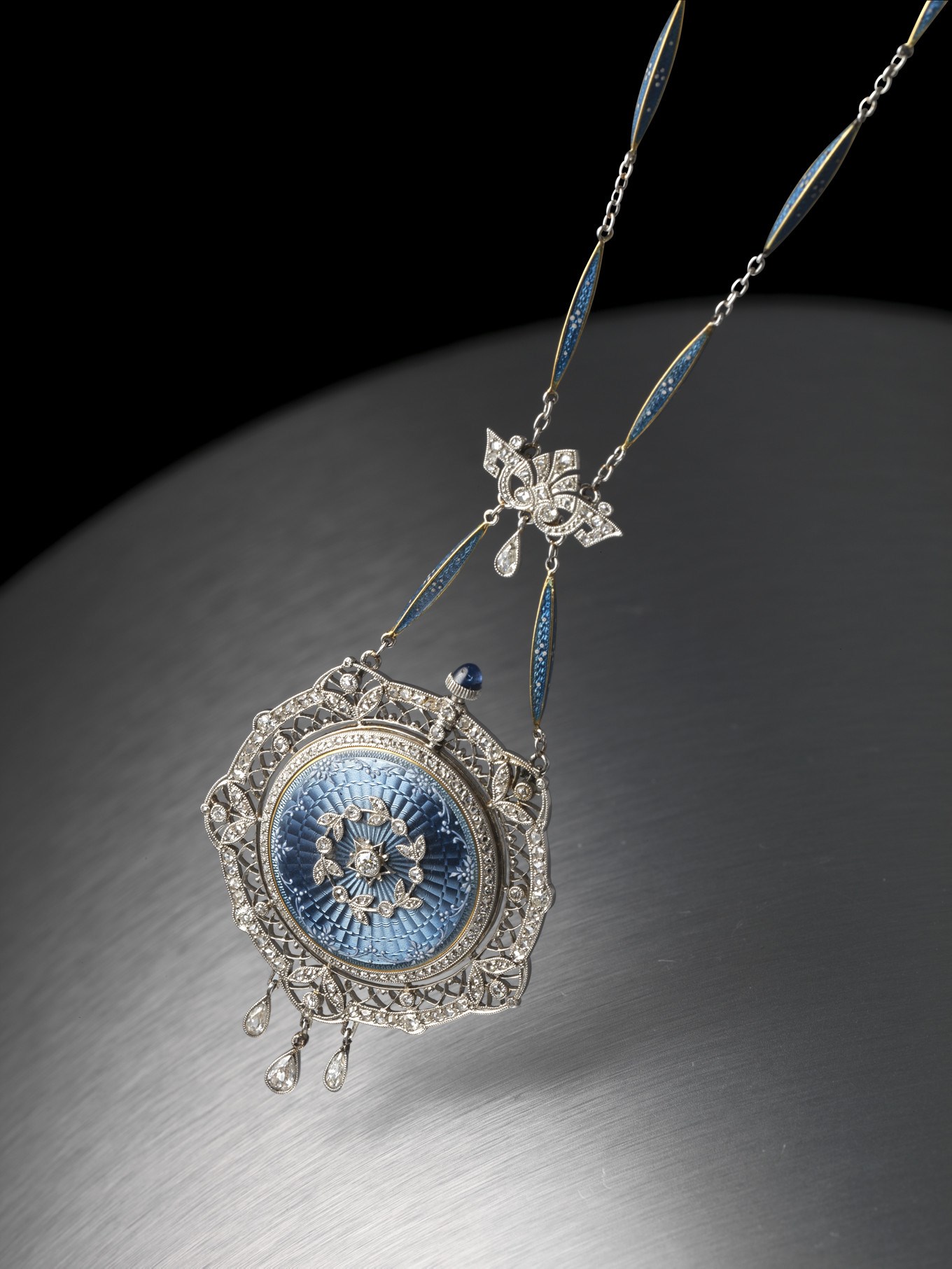 PATEK PHILIPPE

18K GOLD, PLATINUM, DIAMOND-SET AND ENAMEL OPENFACE KEYLESS LEVER PENDANT WATCH WITH CHAIN