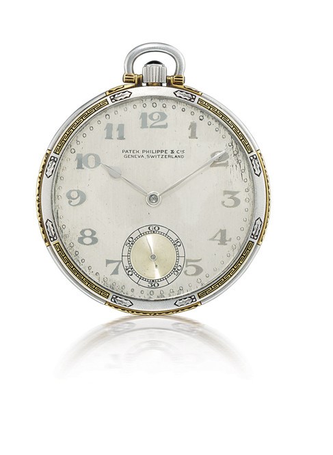 PATEK PHILIPPE

18K GOLD AND PLATINUM OPENFACE KEYLESS LEVER POCKET WATCH WITH SMALL SECONDS