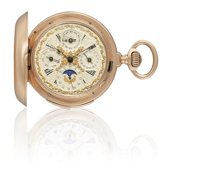 R. BOYER, GENEVE

18K PINK GOLD HUNTER CASE MINUTE REPEATING TRIPLE CALENDAR KEYLESS LEVER POCKET WATCH WITH MOON-PHASE DISPLAY, MADE FOR THE SOUTH AMERICAN MARKET