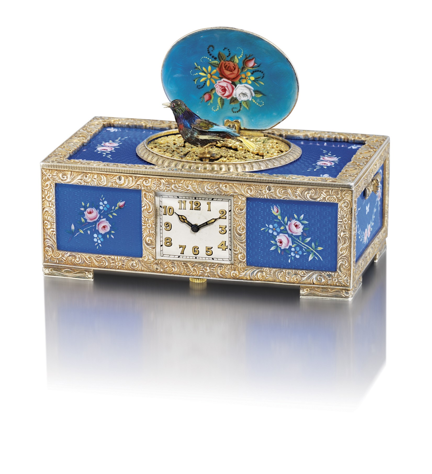 VACHERON CONSTANTIN

FINE AND EXTREMELY RARE, STERLING SILVER AND ENAMEL KEYLESS SINGING BIRD BOX WITH CLOCK