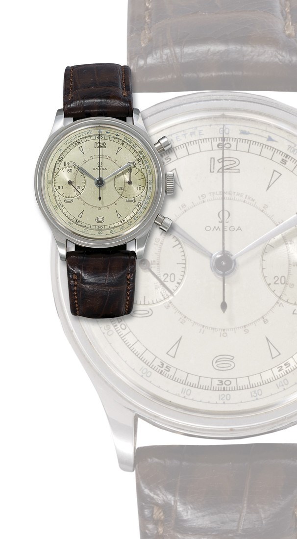 OMEGA, TACHOMETRE & TELEMETRE CHRONO

FINE AND RARE, STAINLESS STEEL MANUAL-WINDING COLUMN-WHEEL CHRONOGRAPH WRISTWATCH WITH TACHOMETRE AND TELEMETRE SCALES