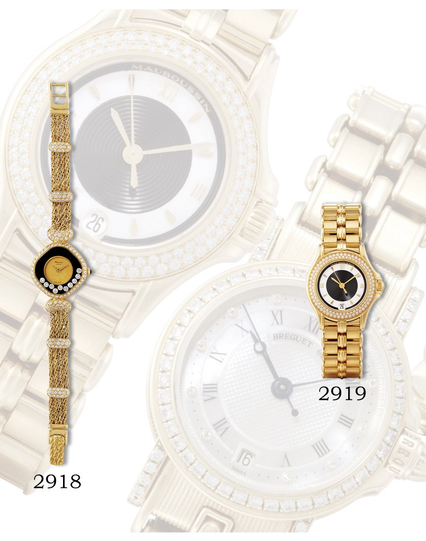 MAUBOUSSIN

LADY'S 18K GOLD AND DIAMOND-SET BRACELET WATCH WITH DATE DISPLAY AND MOTHER-OF-PEARL DIAL