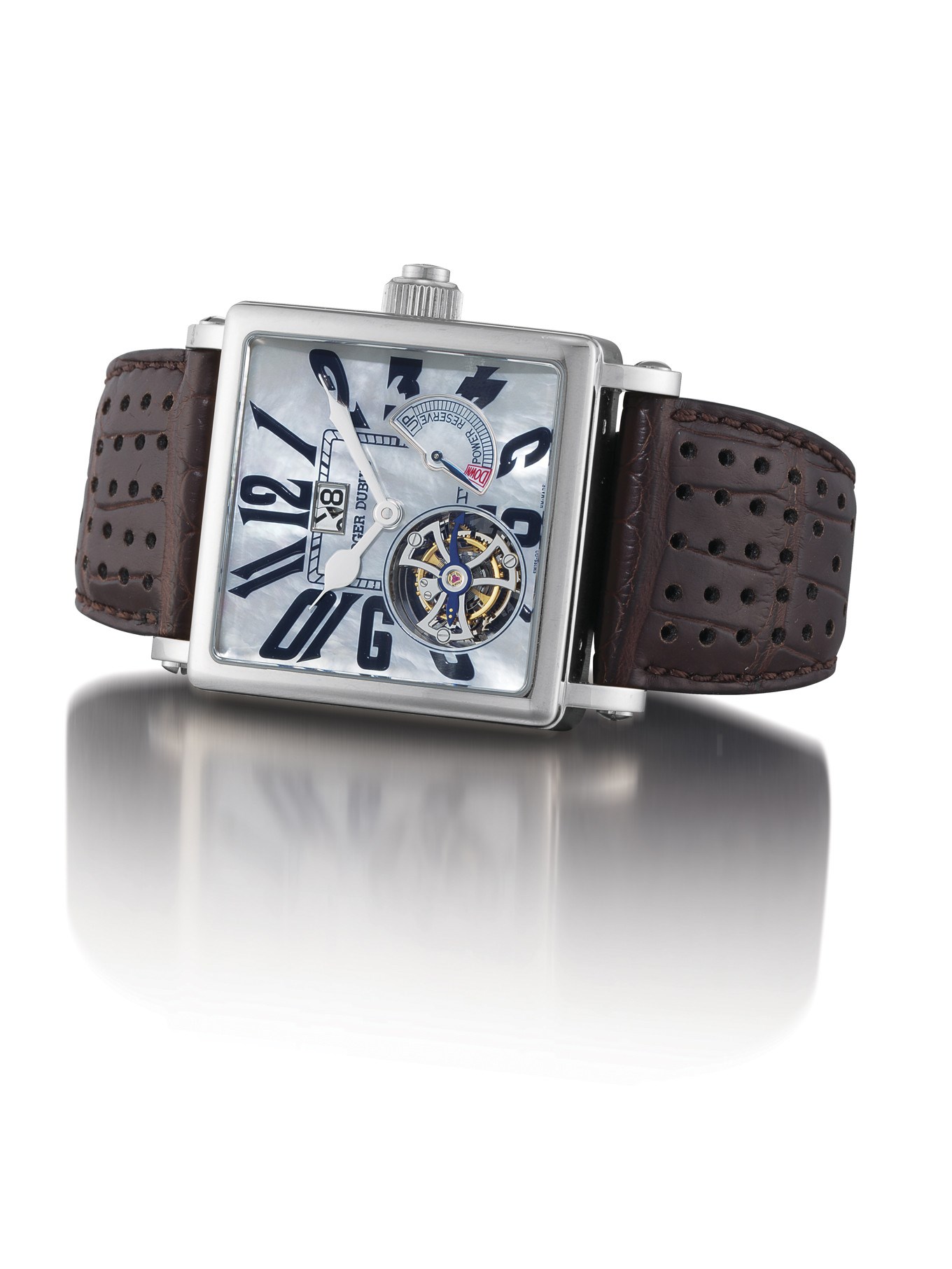 ROGER DUBUIS, "GOLDEN SQUARE TOURBILLON"

18K WHITE GOLD MANUAL-WINDING SQUARED FLYING TOURBILLON WRISTWATCH WITH DATE, POWER-RESERVE INDICATION AND MOTHER-OF-PEARL DIAL