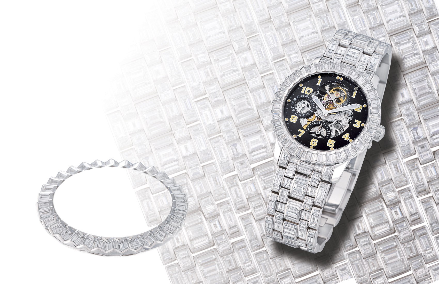 BLANCPAIN, "PIÈCE UNIQUE"

UNIQUE, IMPRESSIVE AND FINE, 18K WHITE GOLD AND MANUAL-WINDING SEMI-SKELETONISED TOURBILLON BRACELET WATCH WITH DATE DISPLAY AND EIGHT-DAY POWER-RESERVE, ENTIRELY SET WITH 354 BAGUETTE-CUT DIAMONDS WEIGHING APPROXIMATELY 39.20 CTS