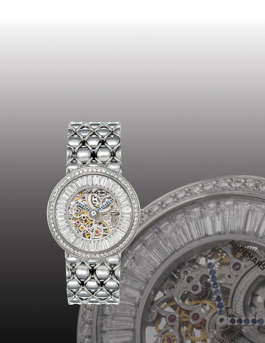 AUDEMARS PIGUET, PLATINUM AND DIAMOND SKELETON

950 PLATINUM AND DIAMOND-SET MANUAL-WINDING SKELETONISED BRACELET WATCH