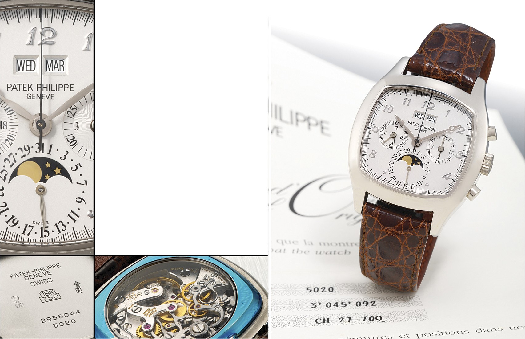 PATEK PHILIPPE, REF. 5020G TV WATCH

EXTREMELY FINE AND RARE, 18K WHITE GOLD MANUAL-WINDING TONNEAU-SHAPED PERPETUAL CALENDAR CHRONOGRAPH WRISTWATCH WITH MOON-PHASE DISPLAY, 24-HOUR INDICATION AND BREGUET NUMERALS