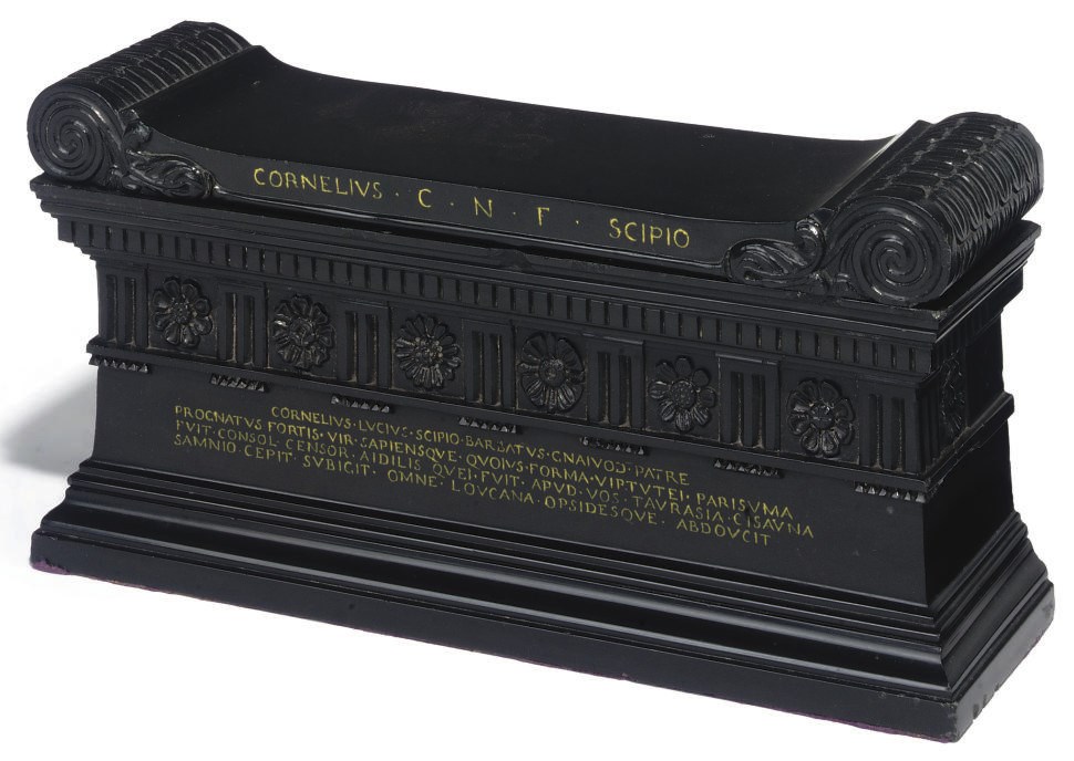 AN ITALIAN MARMO NERO BELGIO MODEL OF THE SARCOPHAGUS FROM THE TOMB OF THE SCIPIOS