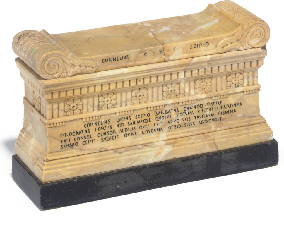 AN ITALIAN MARMO GIALLO ANTICO MODEL OF THE SARCOPHAGUS FROM THE TOMB OF THE SCIPIOS