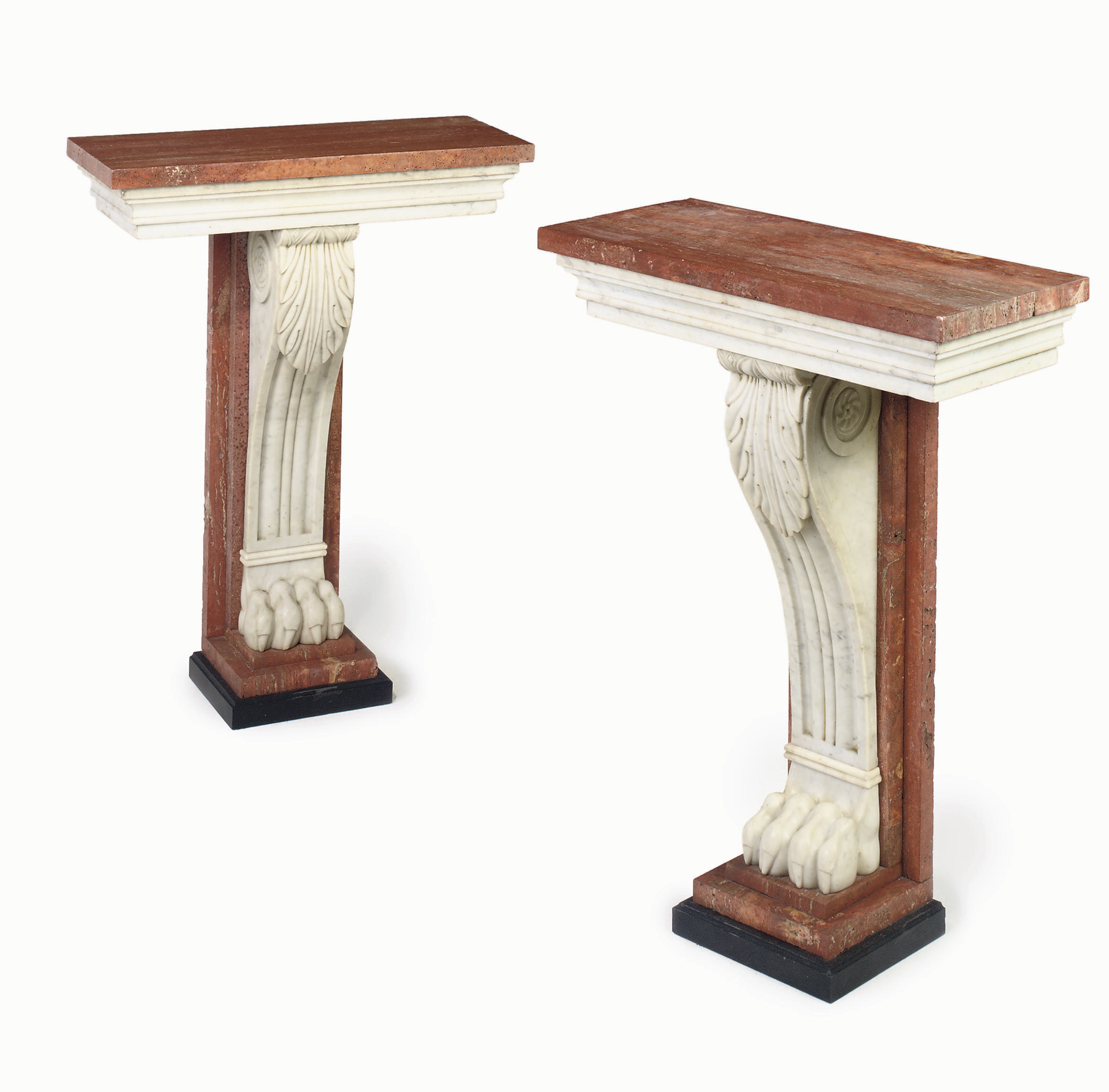 A PAIR OF 'VOGUE REGENCY' MARBLE CONSOLES