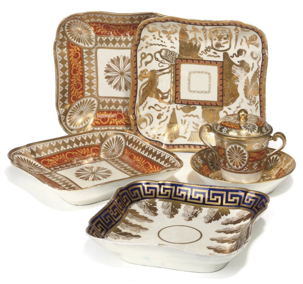 A ENGLISH TWO-HANDLED CHOCOLATE CUP, COVER AND STAND AND FOUR SQUARE DISHES