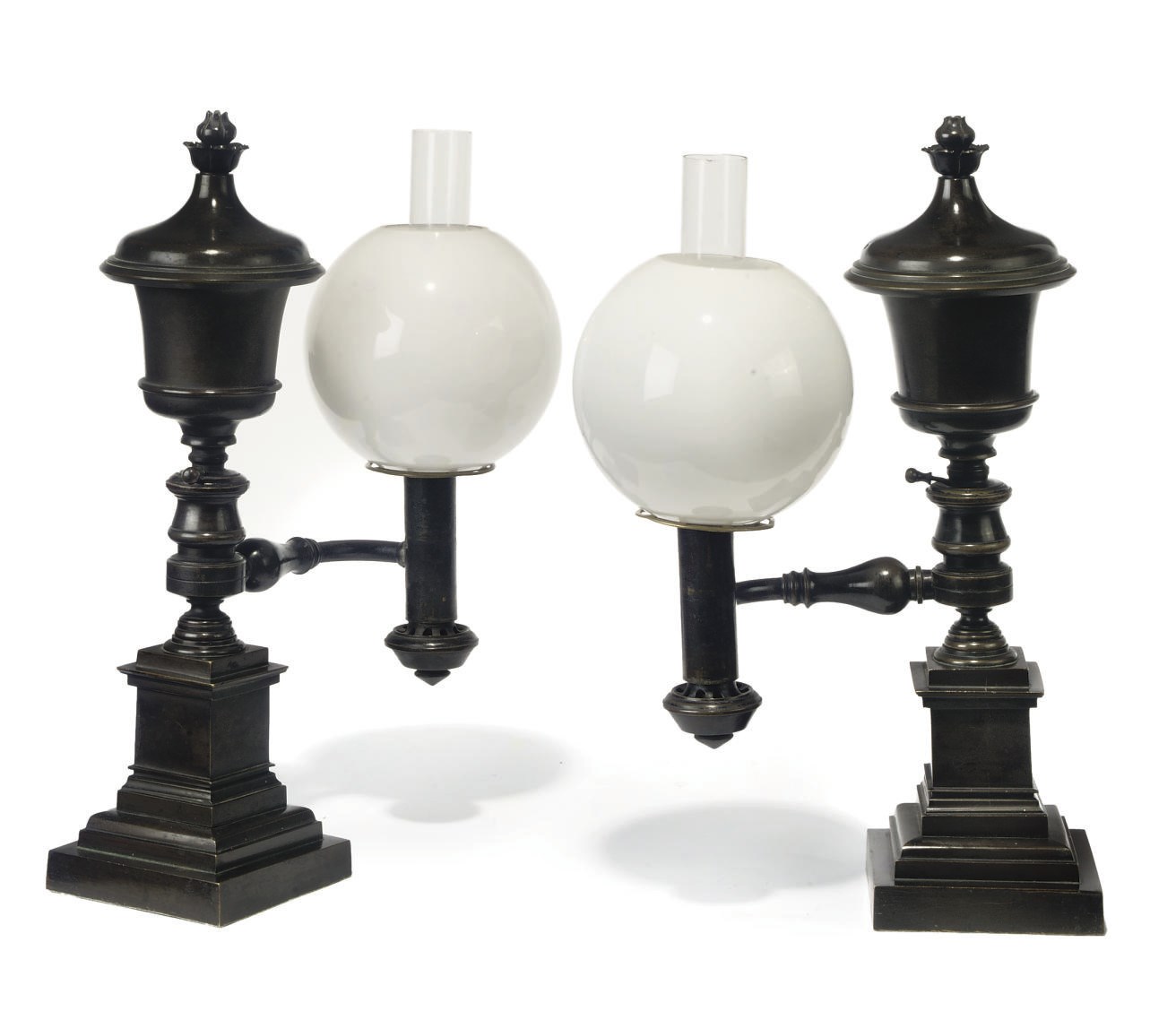 A PAIR OF WILLIAM IV BRONZE COLZA-OIL LAMPS