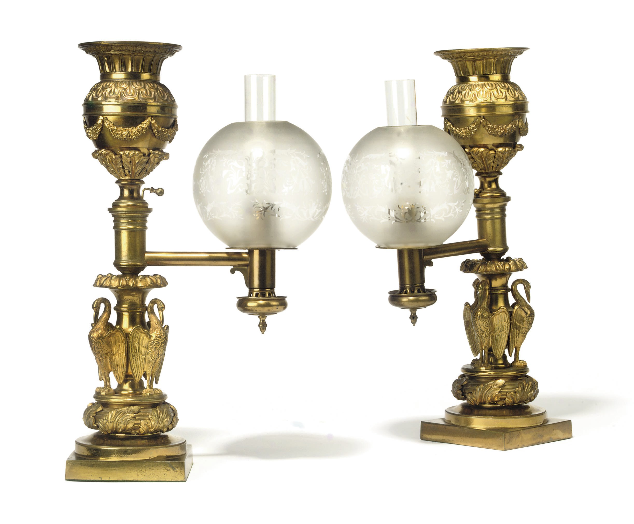 A PAIR OF LATE REGENCY GILT-BRASS ARGAND LAMPS