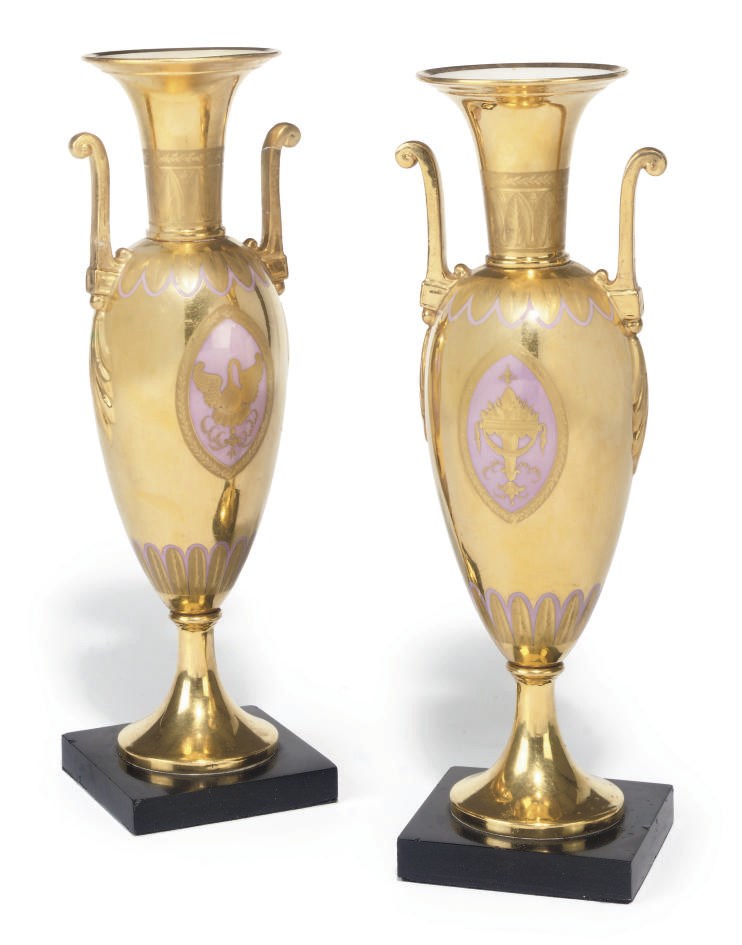 A PAIR OF PARIS PORCELAIN GILT-GROUND OVIFORM TWO-HANDLED VASES