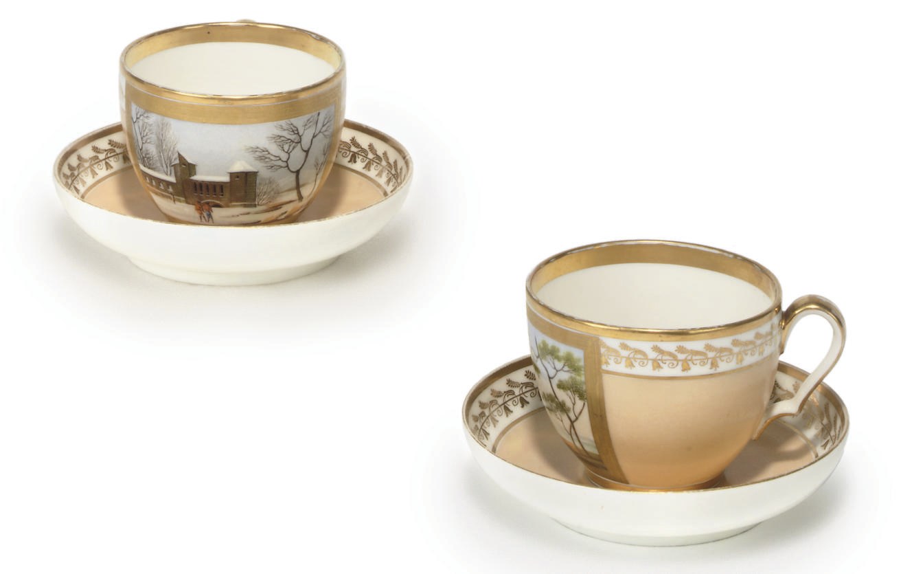 A PAIR OF PARIS PORCELAIN PEACH-GROUND BREAKFAST CUPS AND SAUCERS