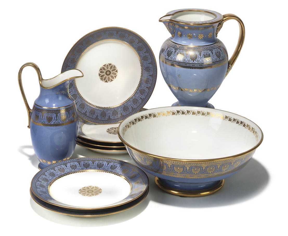 A GROUP OF SEVRES (OUTSIDE DECORATED) PALE-LILAC GROUND WARES