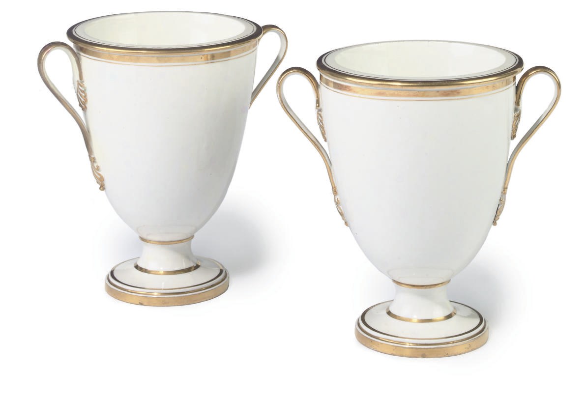 A PAIR OF FRENCH PORCELAIN TWO-HANDLED ICE-PAILS AND LINERS