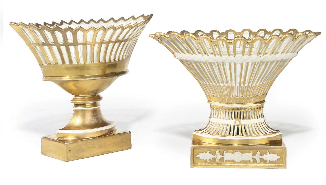 TWO PARIS PORCELAIN WHITE AND GILT PIERCED OVAL BASKETS