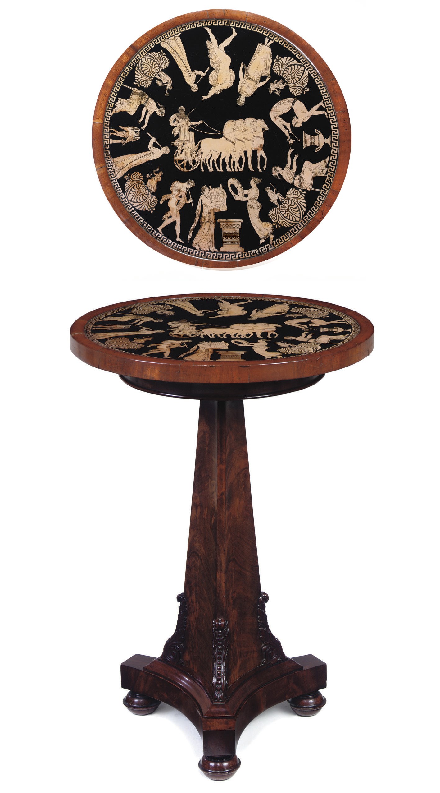 A RESTAURATION VERRE EGLOMISE AND MAHOGANY CENTRE TABLE