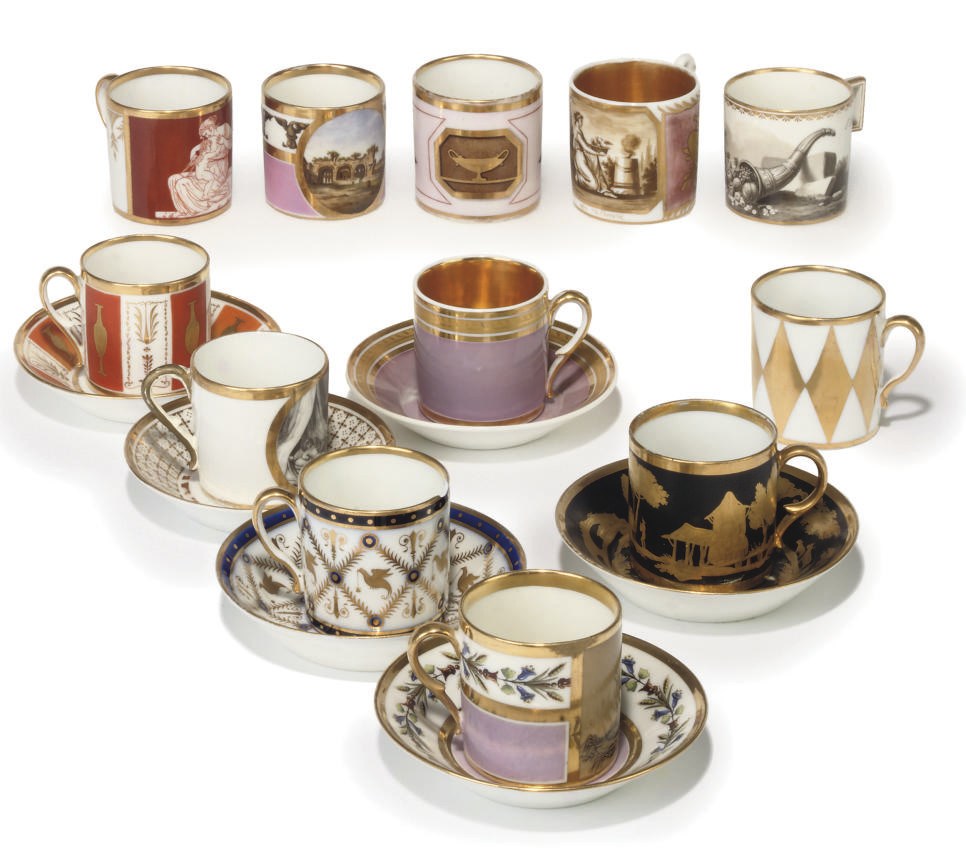 TWELVE CONTINENTAL PORCELAIN COFFEE-CANS AND SIX SAUCERS