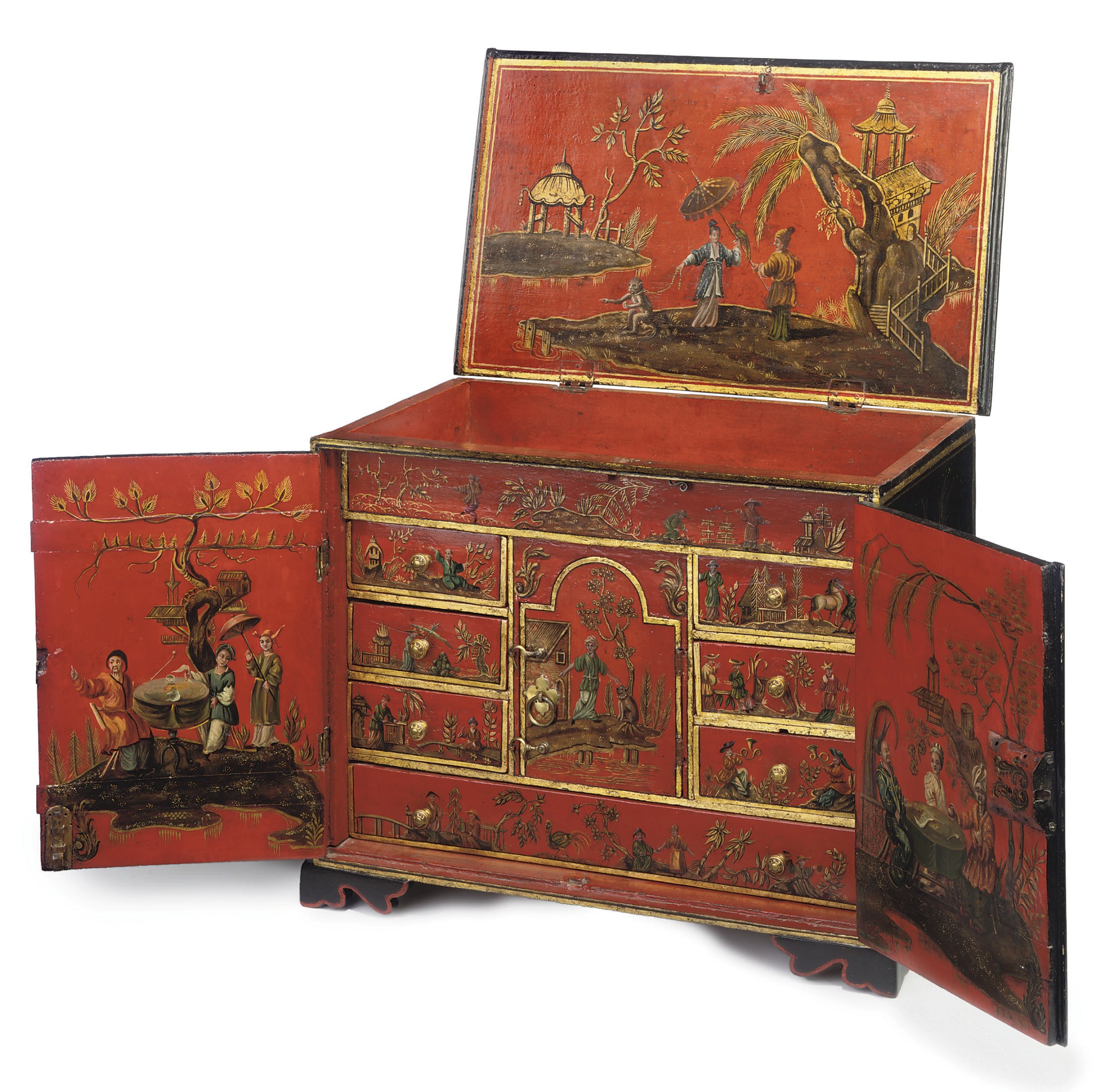 A GERMAN GILT BLACK SCARLET AND POLYCHROME-JAPANNED MICA TABLE CABINET