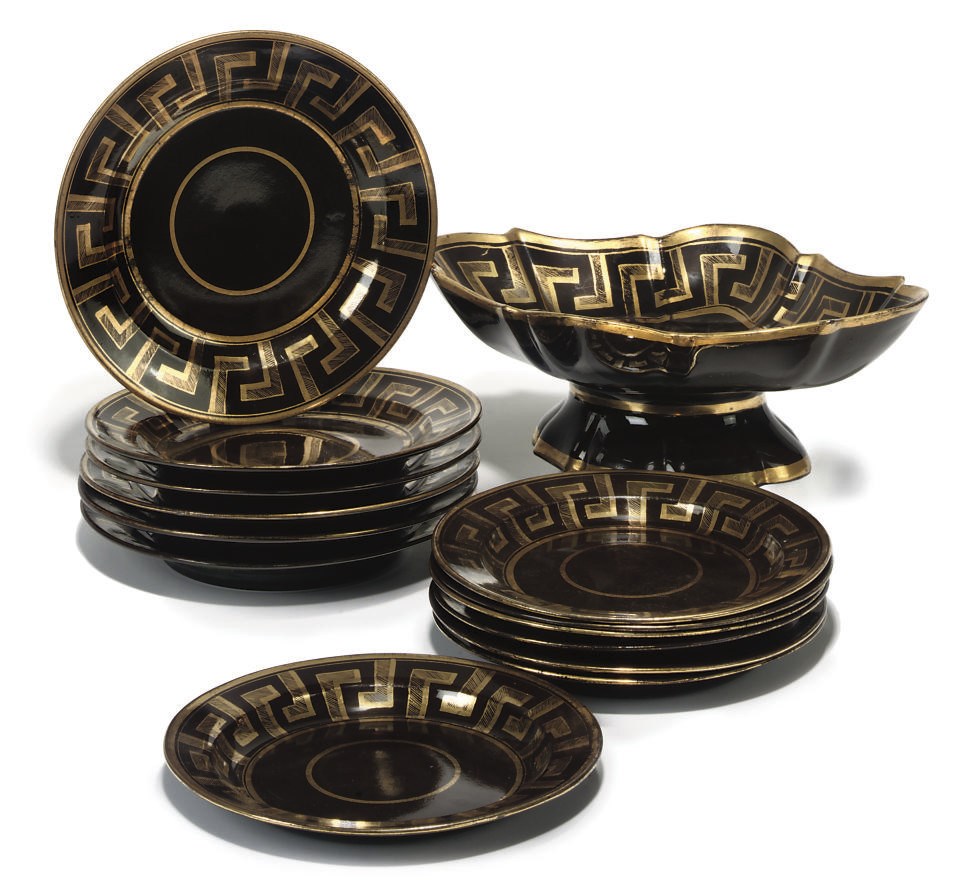 AN ENGLISH BROWN GLAZED AND GILT PART DESSERT-SERVICE