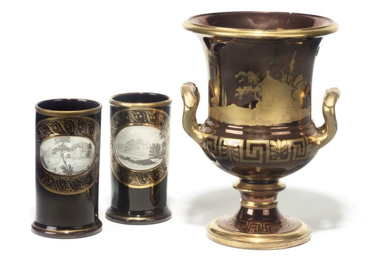 AN ENGLISH PORCELAIN COPPER-LUSTRE TWO-HANDLED CAMPANA VASE AND A PAIR OF POTTERY SPILL-VASES