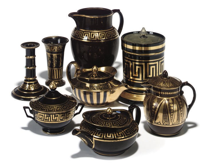 A GROUP OF ENGLISH BROWN GLAZED AND GILT POTTERY