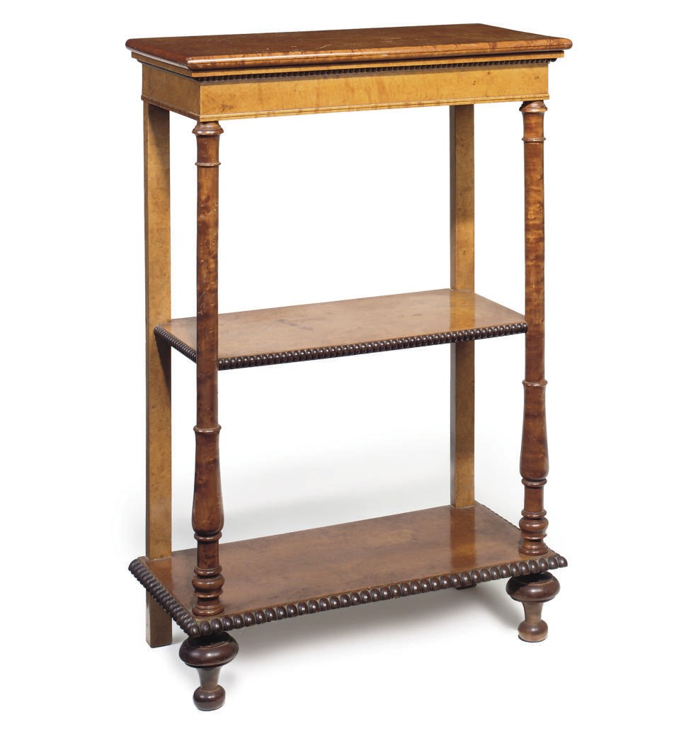 A LOUIS PHILIPPE BURR-MAPLE THREE TIER ETAGERE
