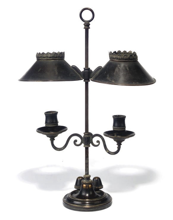 A LATE VICTORIAN PATINATED AND PARCEL-GILT BRASS TWIN-LIGHT TABLE LAMP
