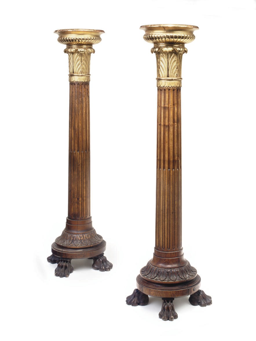 A PAIR OF PARCEL-GILT AND ELM TORCHERES