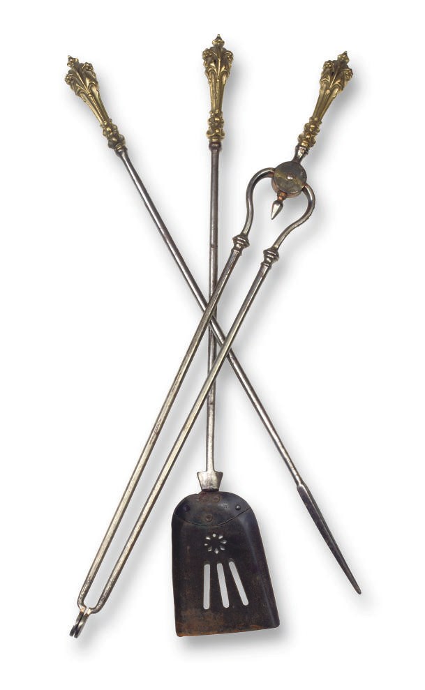 A SET OF THREE STEEL AND BRASS-MOUNTED FIRE TOOLS