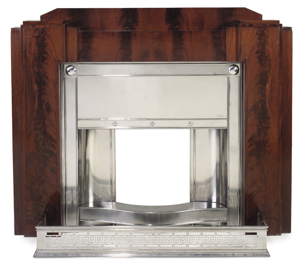 AN ART DECO FLAME MAHOGANY AND POLISHED STEEL CHIMNEY PIECE AND INSERT