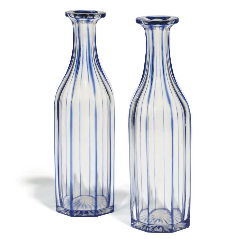 A PAIR OF BLUE-STAINED CLEAR GLASS DECANTERS