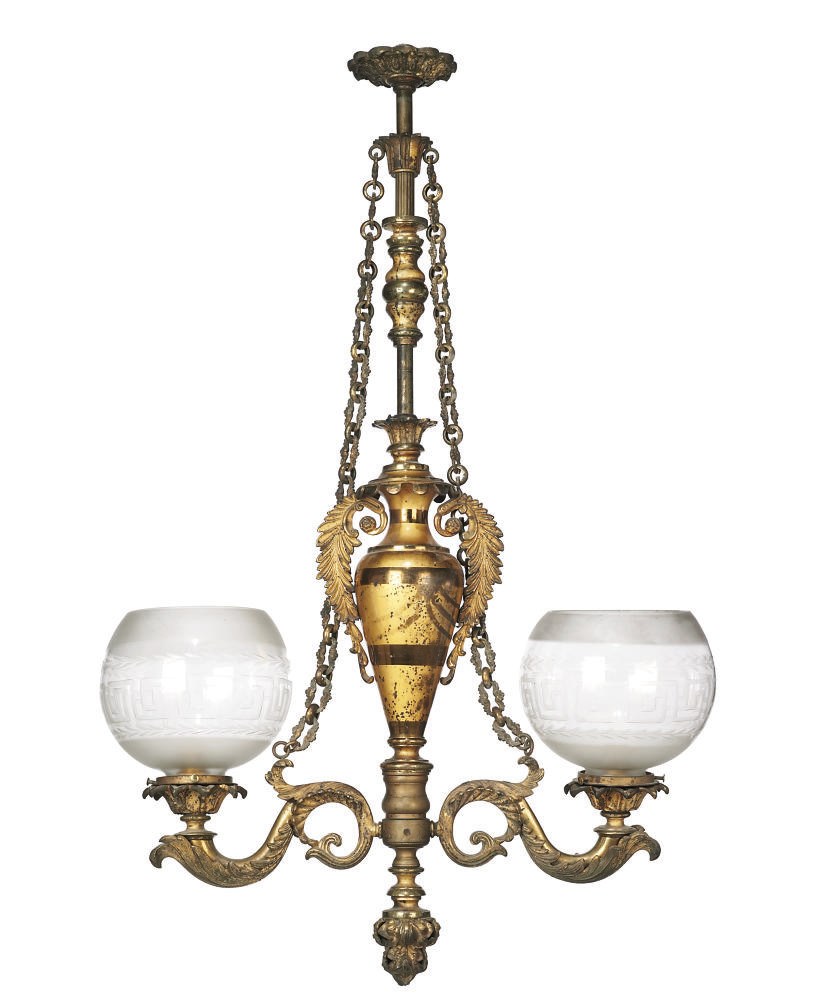AN AMERICAN GILT-BRASS TWIN-LIGHT HANGING CHANDELIER