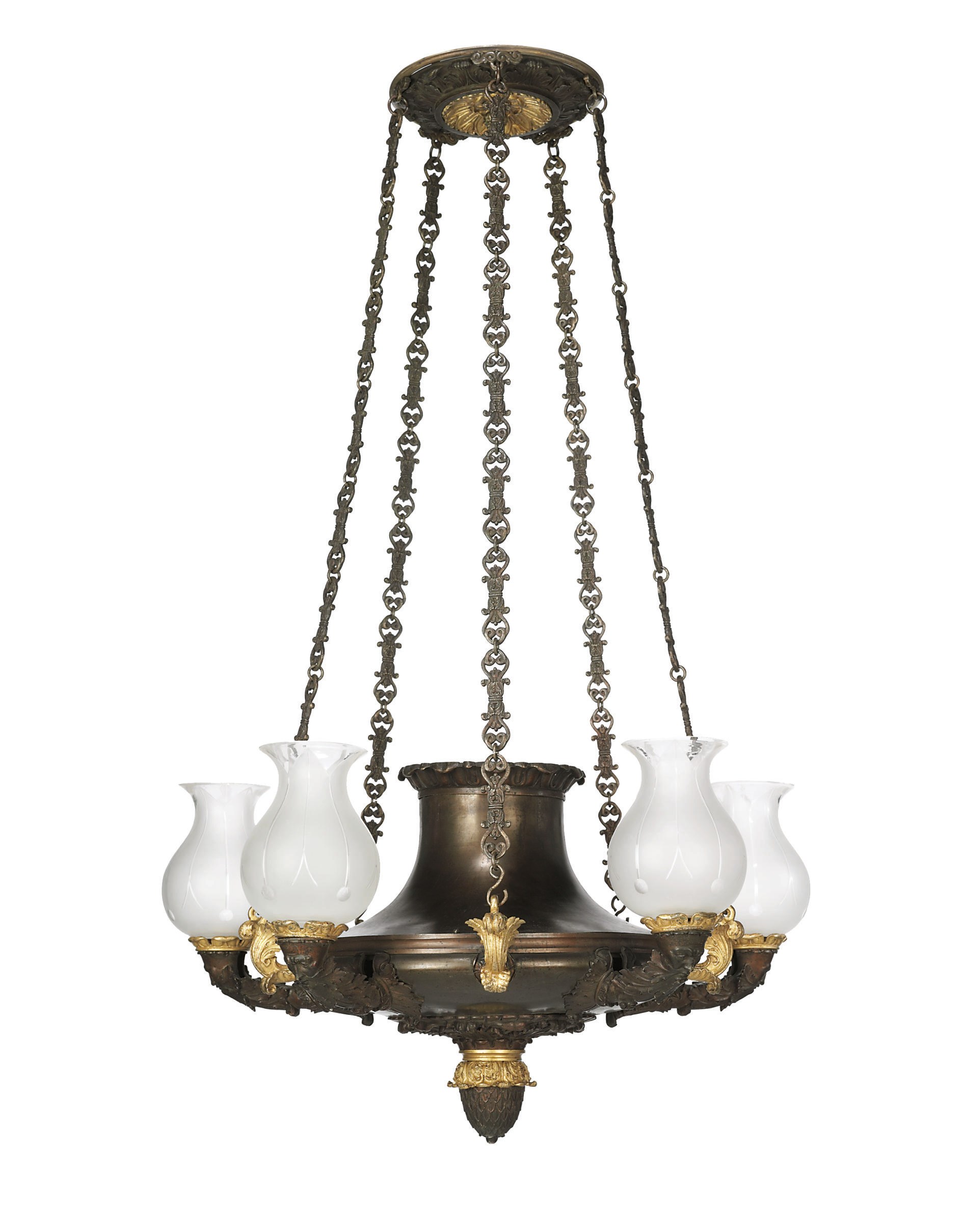 A RESTAURATION BRONZE AND ORMOLU FIVE-LIGHT CHANDELIER