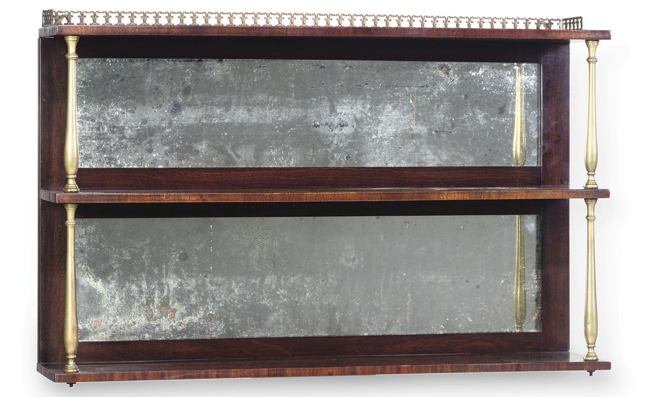A SET OF REGENCY MAHOGANY AND BRASS HANGING SHELVES
