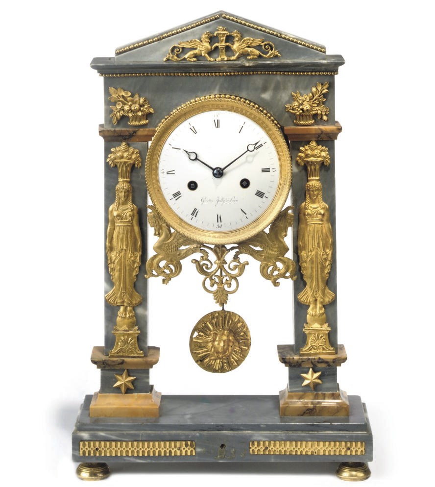 A DUCK-GREY MARBLE AND ORMOLU-MOUNTED MANTEL CLOCK