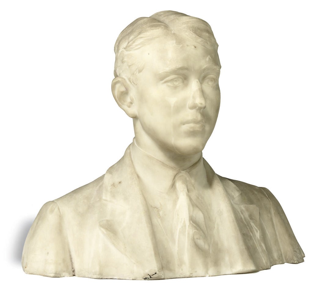 AN ITALIAN SCULPTED WHITE MARBLE BUST OF A YOUNG GENTLEMAN