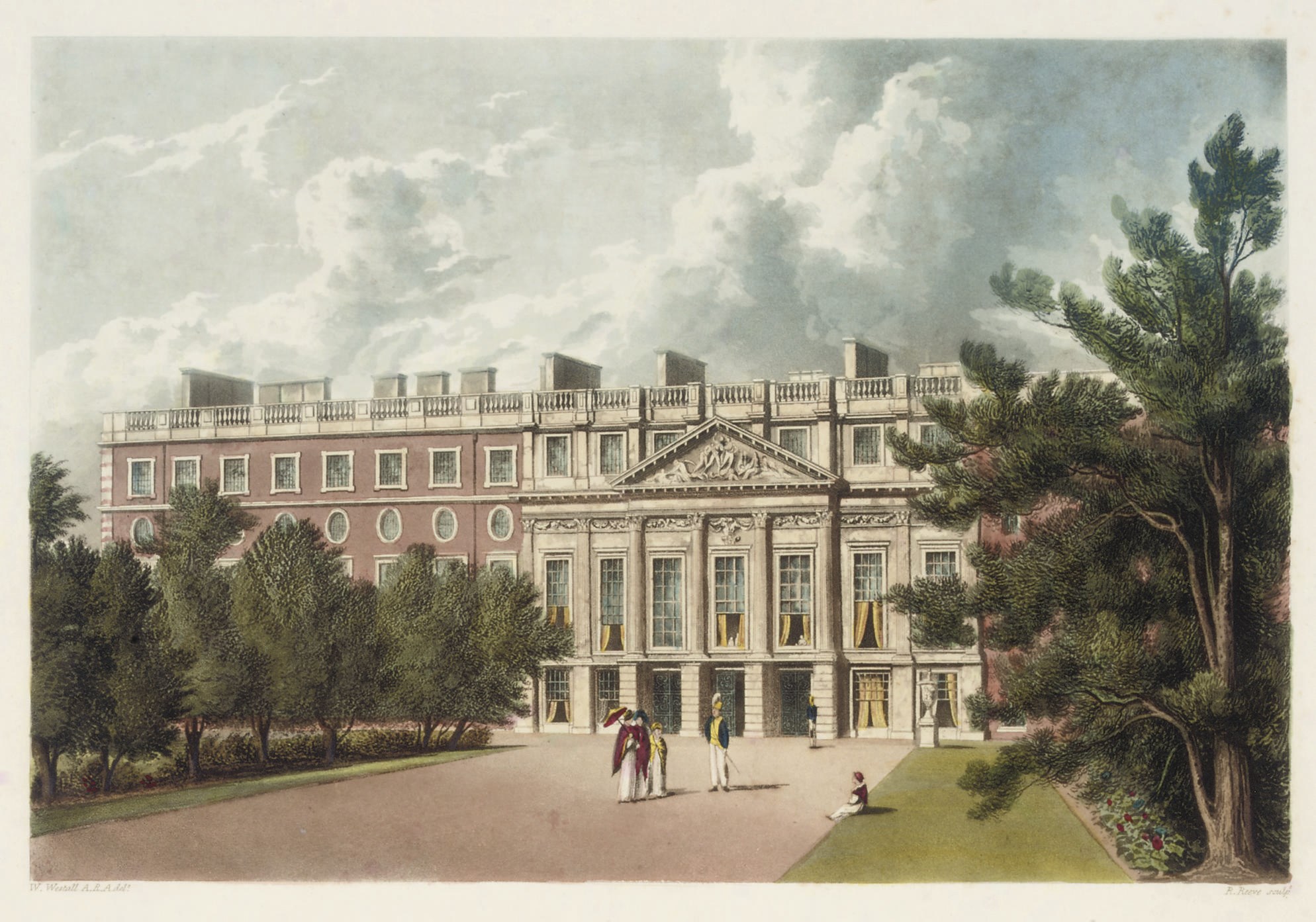 PYNE, William Henry (1769-1843).  The History of the Royal Residencies of Windsor Castle, St James's Palace, Carlton House, Kensington Palace, Hampton Court, Buckingham House and Frogmore. London: A. Dry, 1819. 3 volumes, 4°. 100 fine hand-coloured aquatint plates by William Henry Pyne. Finely-bound in 19th-century red crushed morocco decorated in gilt and blind, gilt edges (some rubbing, black staining to edge of upper cover of vol. one). Abbey Scenery 396; Martin-Hardie pp.91; Prideaux p.348; Tooley 389.	 (3)