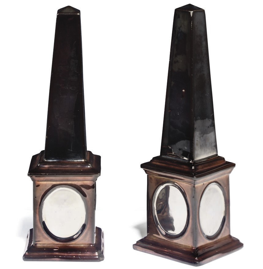 A PAIR OF ENGLISH SILVER AND COPPER-LUSTRE MODELS OF OBELISKS