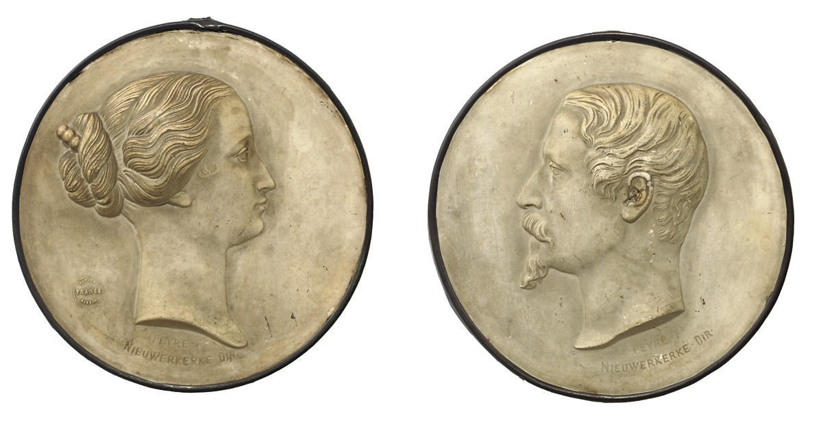 A PAIR OF CERAMIC PORTRAIT RELIEF ROUNDELS OF NAPOLEON III AND EMPRESS EUGENIE