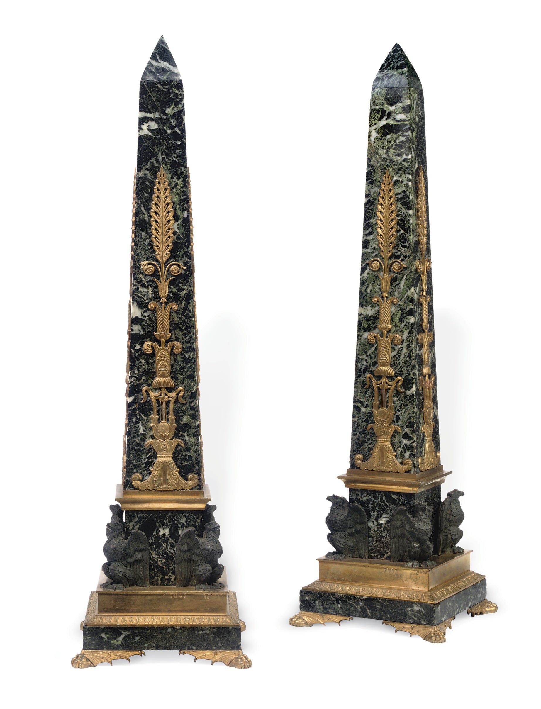 A PAIR OF EMPIRE ORMOLU AND PATINATED BRONZE-MOUNTED VERDE ANTICO OBELISKS