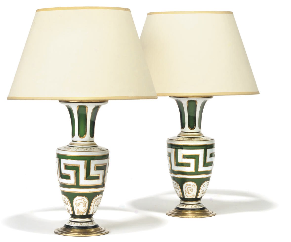 A PAIR OF VICTORIAN WHITE AND GREEN OVERLAID GLASS VASES
