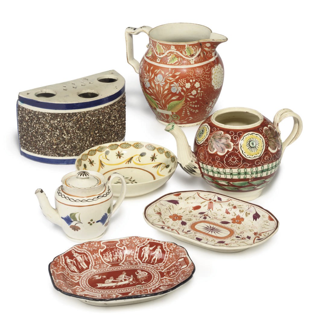 AN ENGLISH CREAMWARE GLOBULAR TEAPOT AND OTHER ITEMS