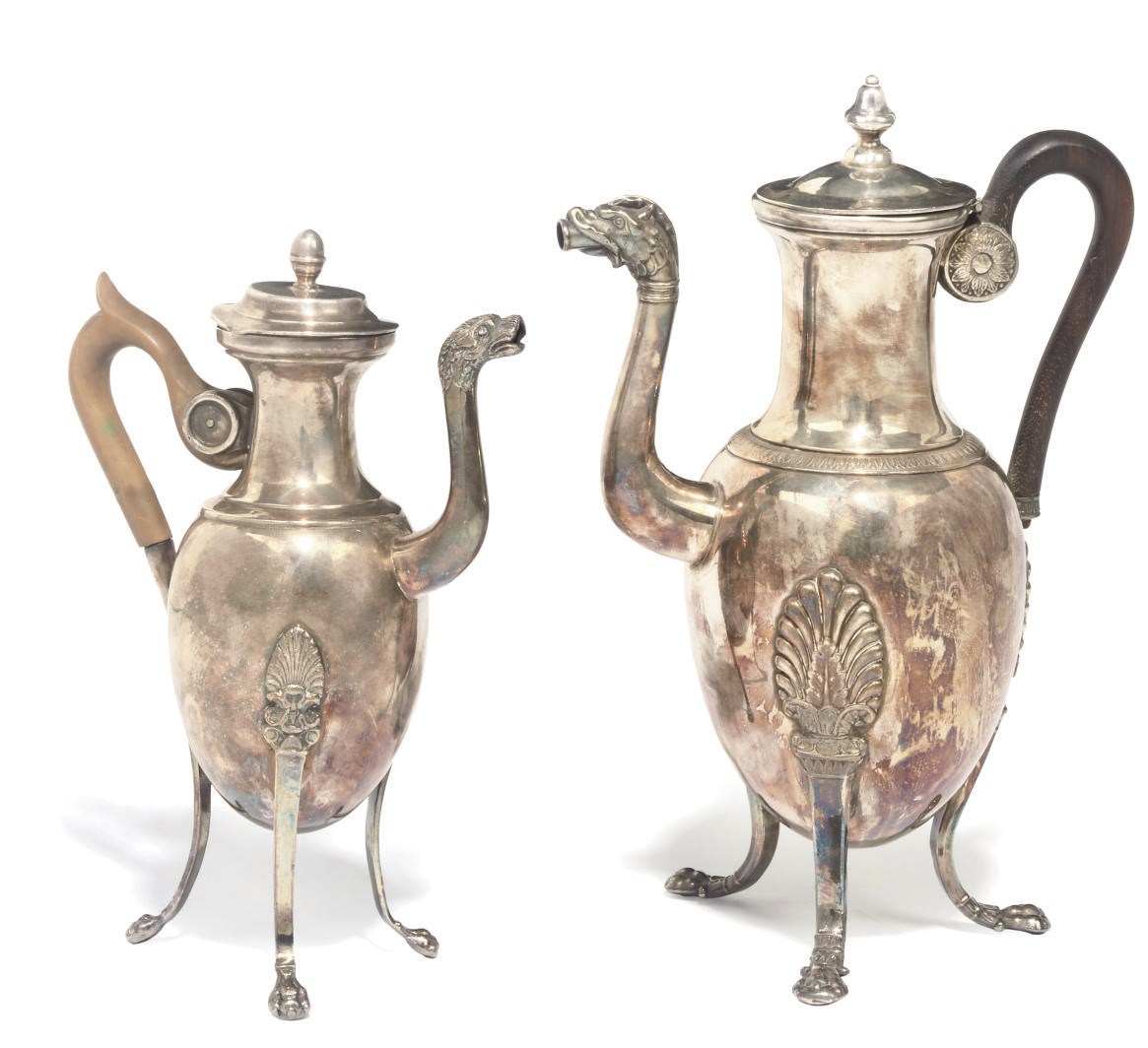 TWO FRENCH SILVER-PLATED COFFEE POTS