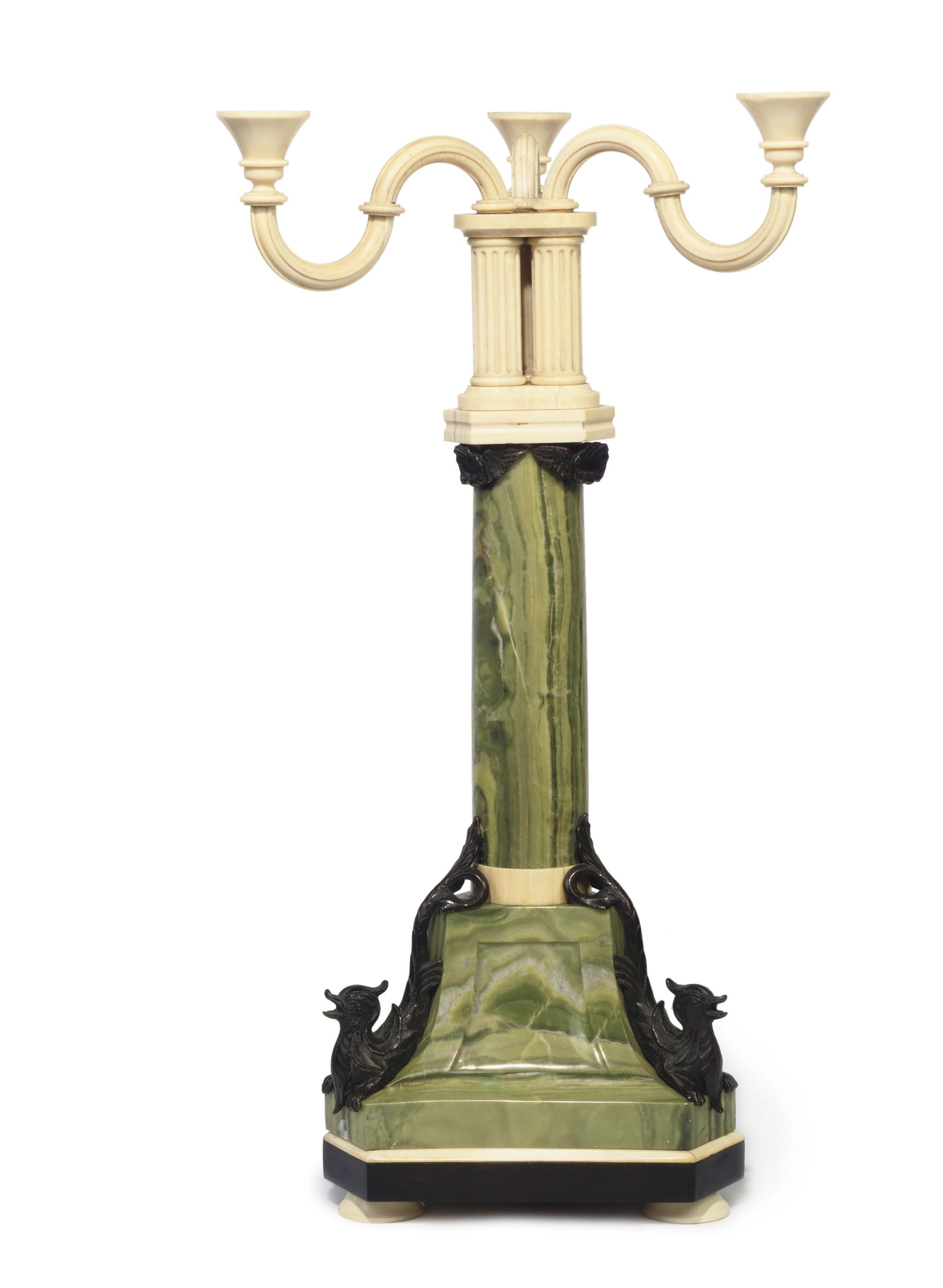 A REVNA JASPER, IVORY AND BRONZE-MOUNTED THREE-LIGHT CANDELABRUM