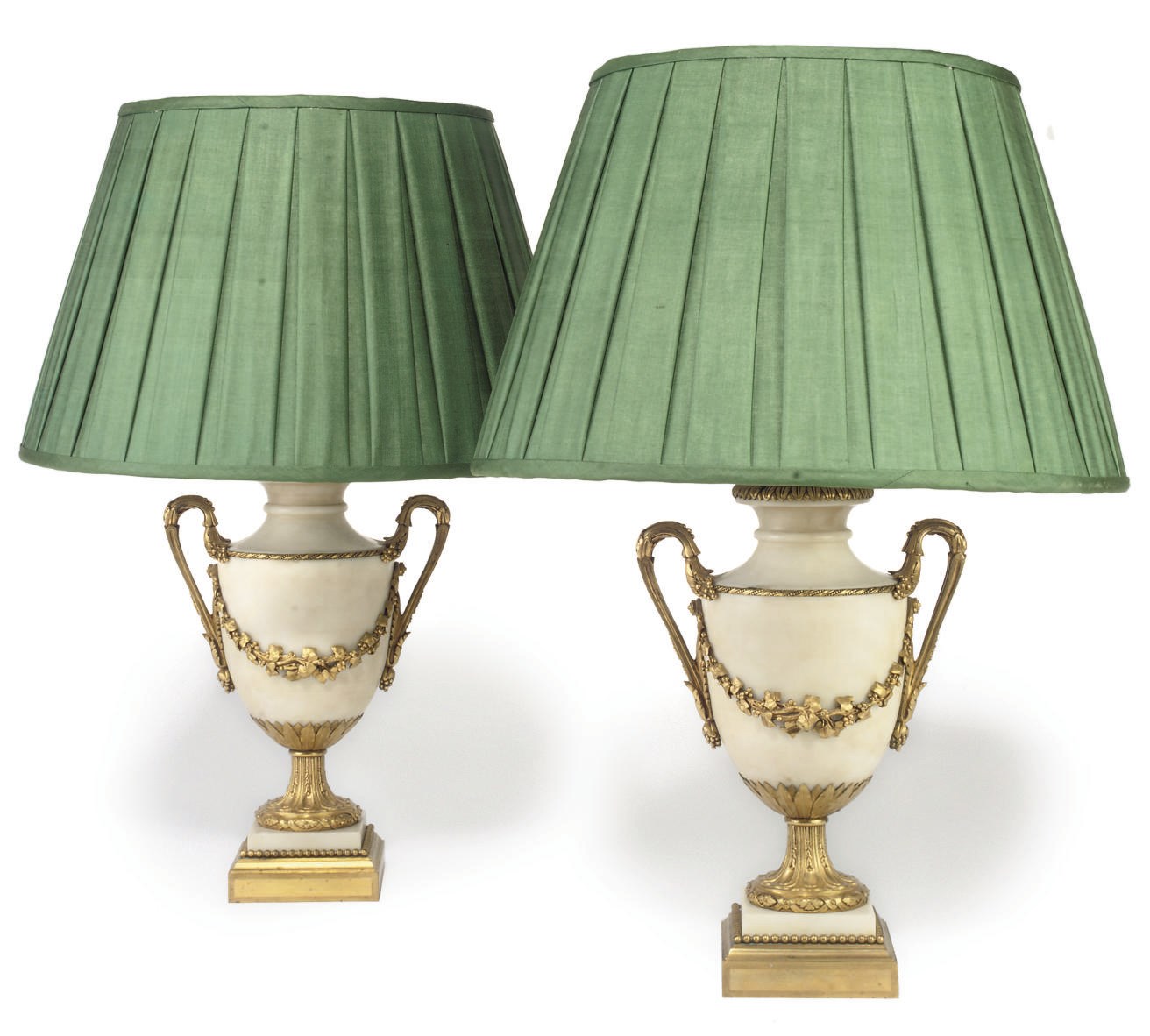 A PAIR OF ORMOLU-MOUNTED WHITE MARBLE URNS
